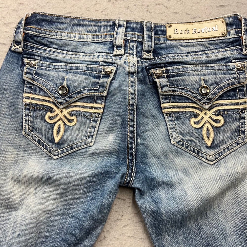 Rock Revival Penny Bootcut Jeans Size 29 Blue Distressed Fleur De Lis REB2588X